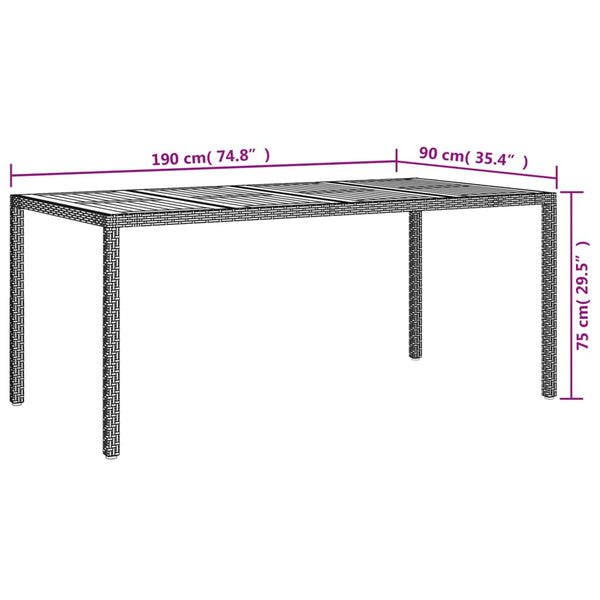 Mesa de jardim 190x90x75 cm vime PE e acácia maciça preto