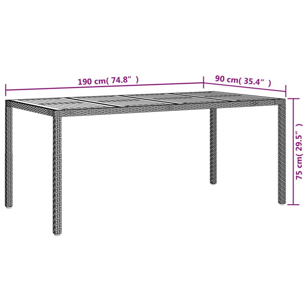 Mesa de jardim 190x90x75 cm vime PE e acácia maciça cinzento