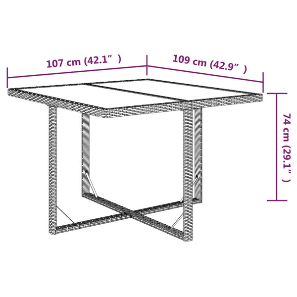 Mesa de jardim 109x107x74 cm vime PE e vidro castanho