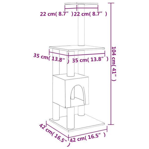 Árvore p/ gatos c/ postes arranhadores sisal 104cm cinza-escuro