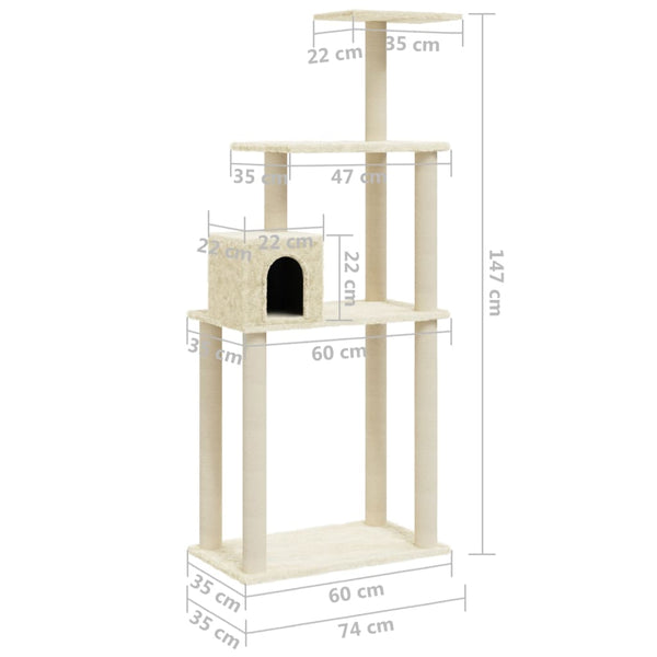 Árvore para gatos c/ postes arranhadores sisal 147 cm cor creme