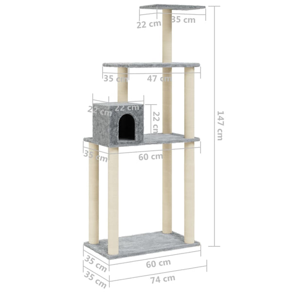 Árvore p/ gatos c/ postes arranhadores sisal 147cm cinza-claro