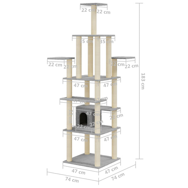 Árvore p/ gatos c/ postes arranhadores sisal 183 cm cinza-claro