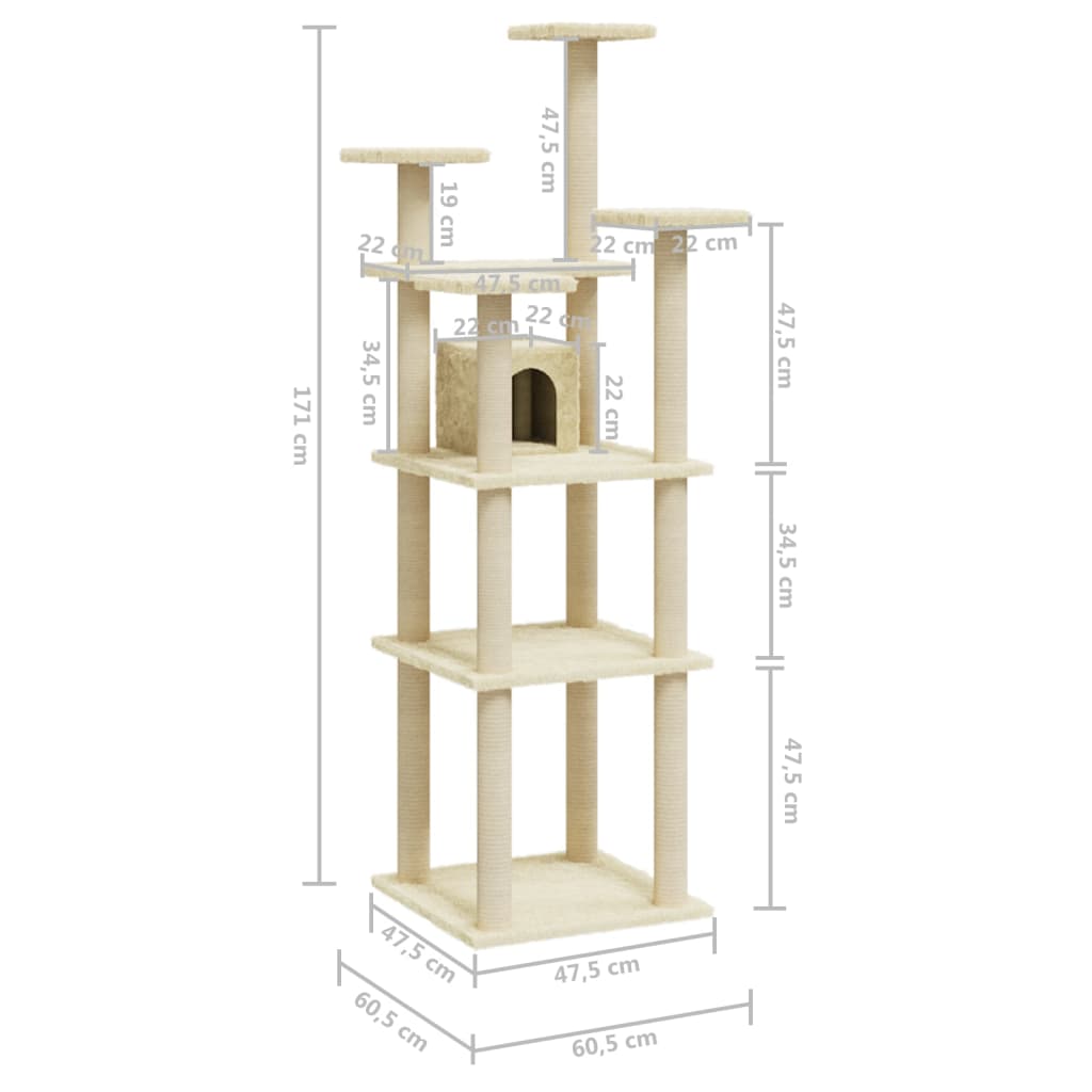 Árvore para gatos c/ postes arranhadores sisal 171 cm cor creme