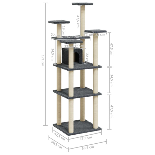 Árvore p/ gatos c/ postes arranhadores sisal 171cm cinza-escuro