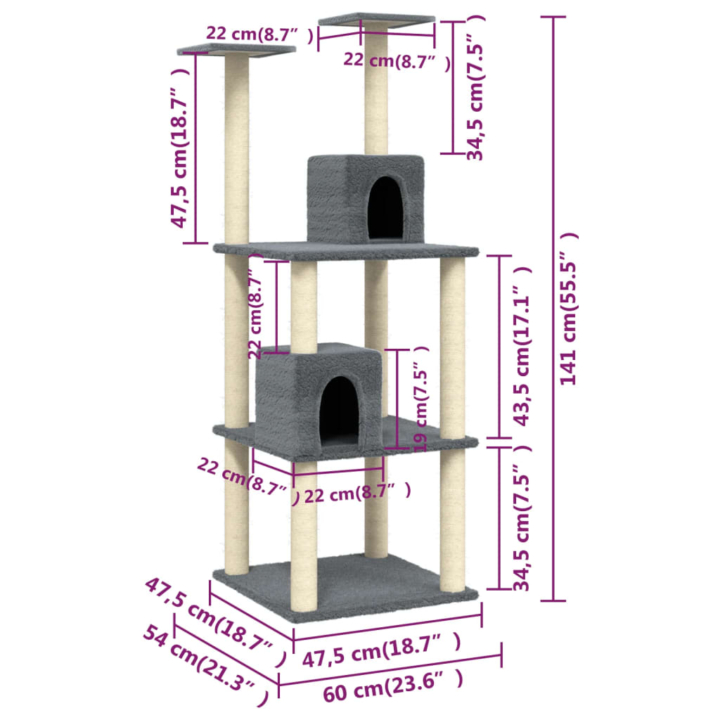 Árvore p/ gatos c/ postes arranhadores sisal 141cm cinza-escuro