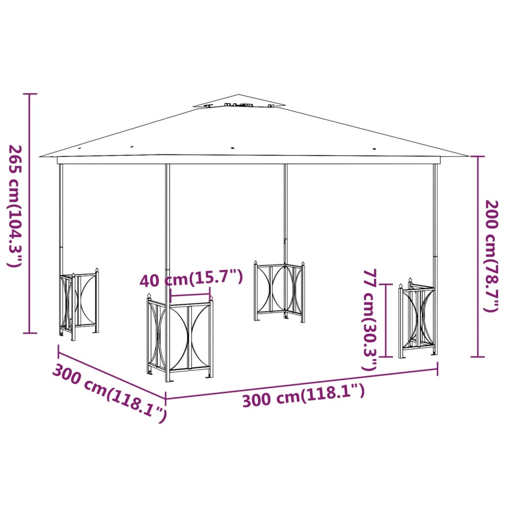 Gazebo com paredes laterais e telhado duplo 3x3 m cor antracite