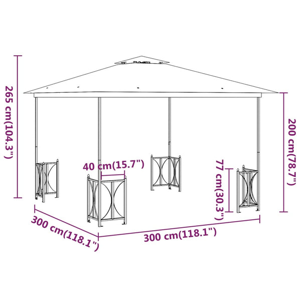 Gazebo com paredes laterais e telhado duplo 3x3 m cor antracite