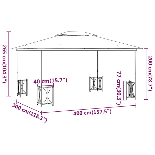 Gazebo com paredes laterais e telhado duplo 3x4 m cor antracite