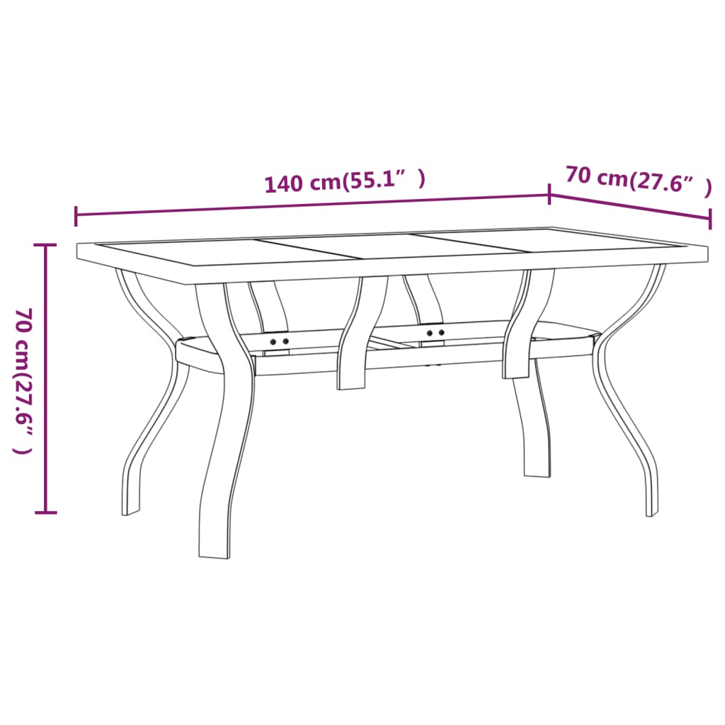 Mesa de jardim 140x70x70 cm aço e vidro cinza/preto