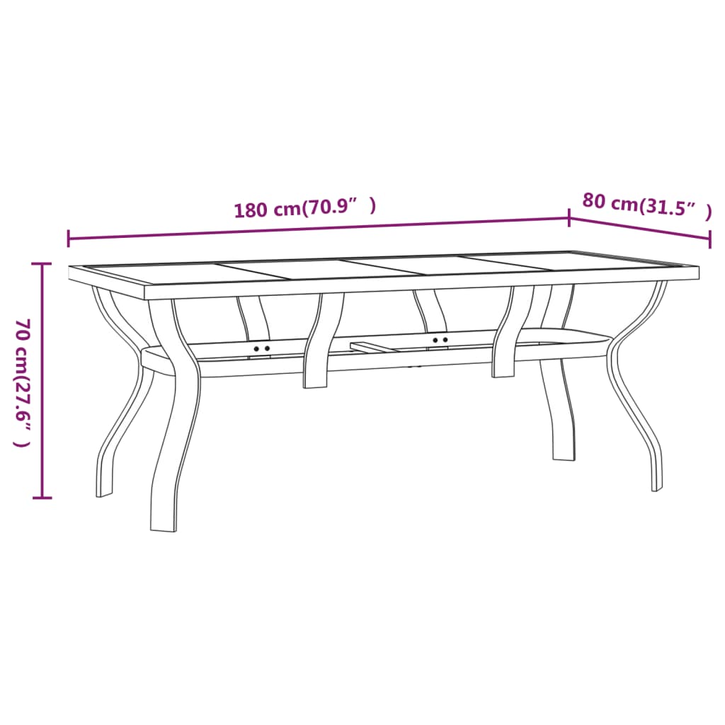 Mesa de jardim 180x80x70 cm aço e vidro cinza/preto