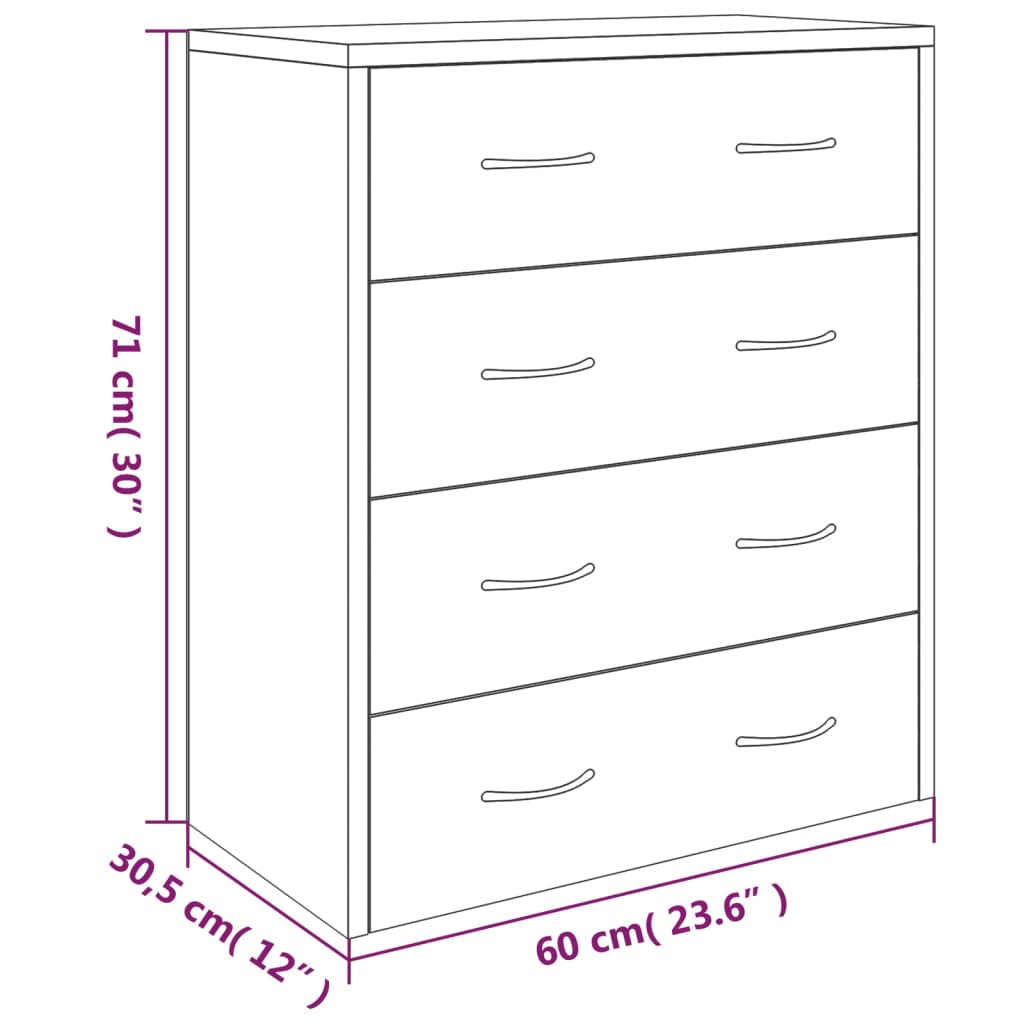 Aparador com 4 gavetas 60x30,5x71 cm cinzento sonoma