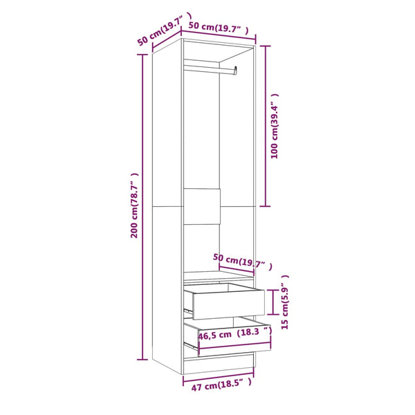 Roupeiro gavetas 50x50x200 cm derivados madeira carvalho fumado
