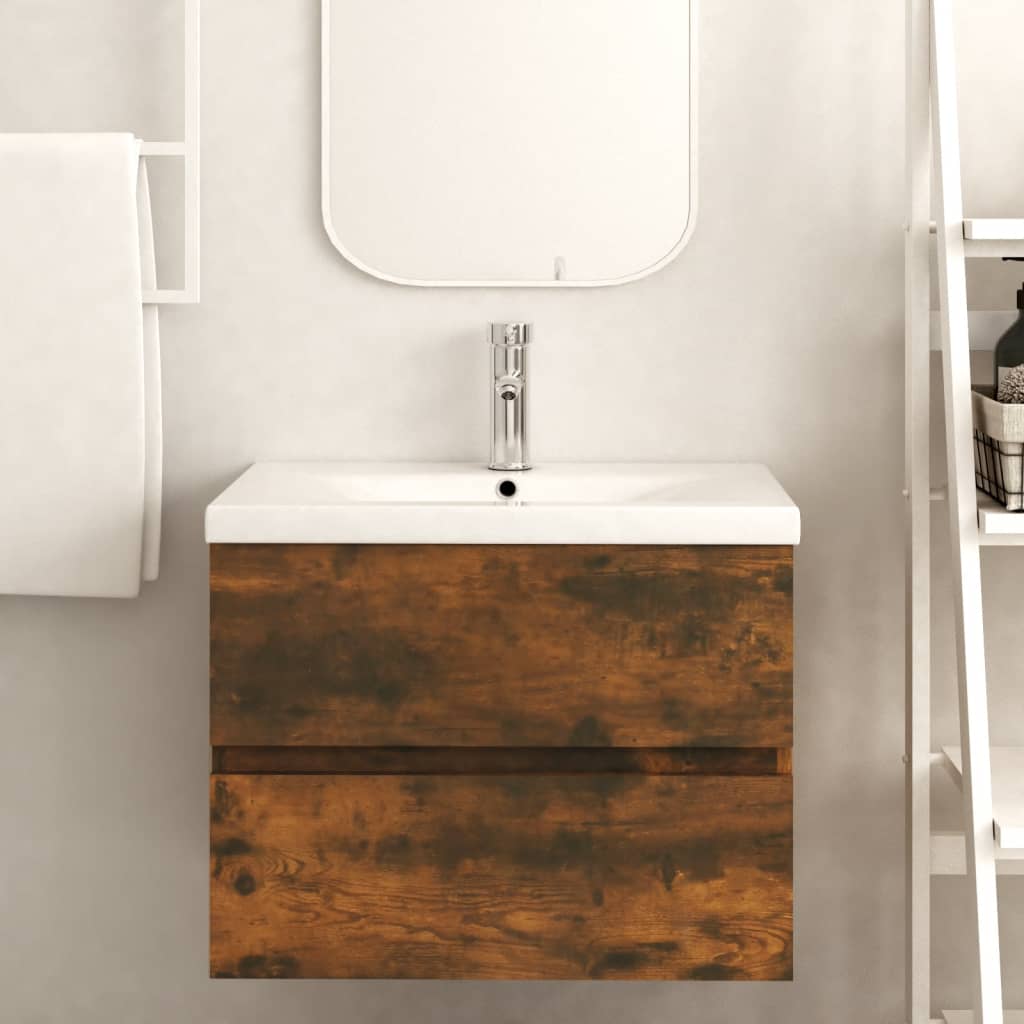 Mueble bajo lavabo de 60x38,5x45cm fabricado en madera de roble fumé.