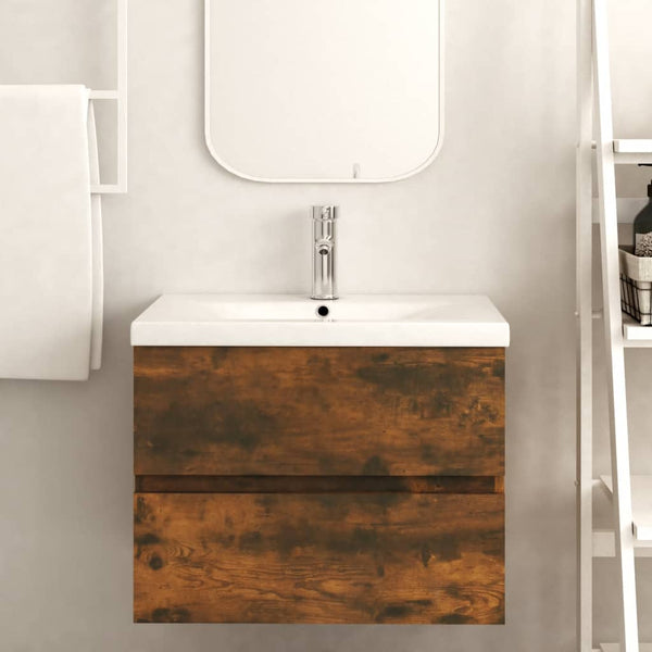 Mueble bajo lavabo de 60x38,5x45cm fabricado en madera de roble fumé.