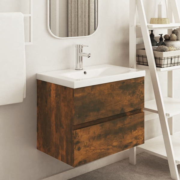 Mueble bajo lavabo de 60x38,5x45cm fabricado en madera de roble fumé.