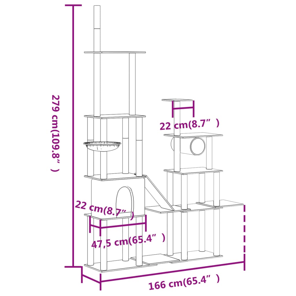 Árvore p/ gatos c/ postes arranhadores sisal 279cm cinza-escuro