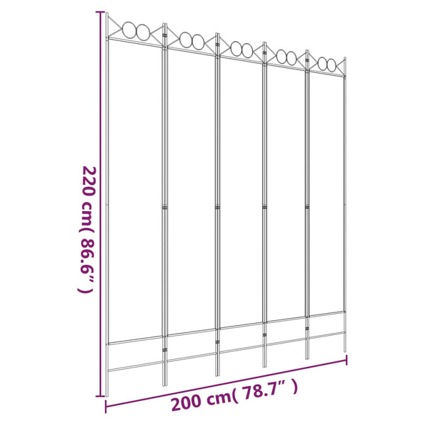 vidaXL Divisória/biombo com 5 painéis 200x220 cm tecido branco