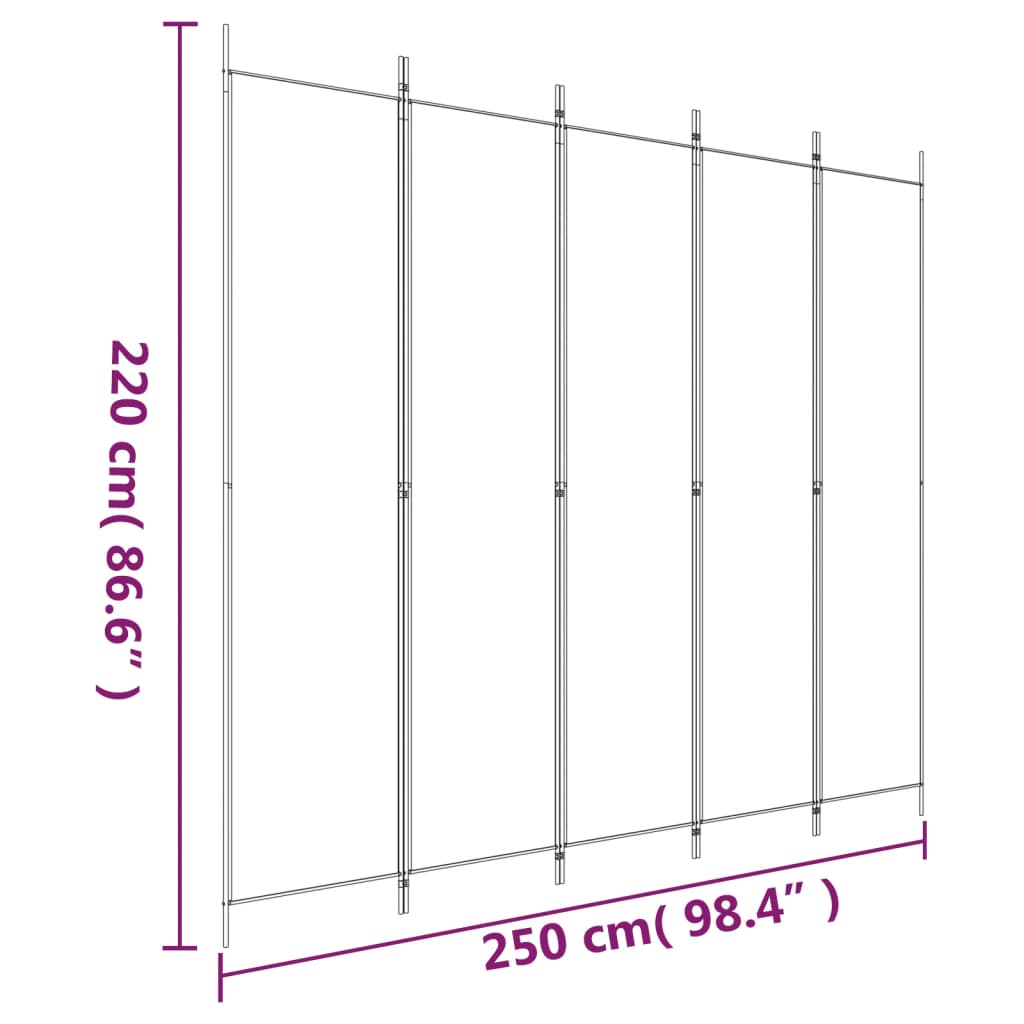 vidaXL Divisória/biombo com 5 painéis 250x220 cm tecido branco