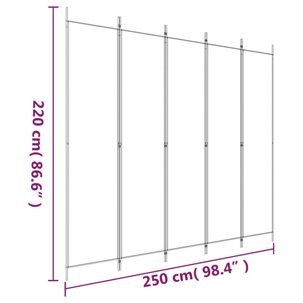 vidaXL Divisória/biombo com 5 painéis 250x220 cm tecido branco