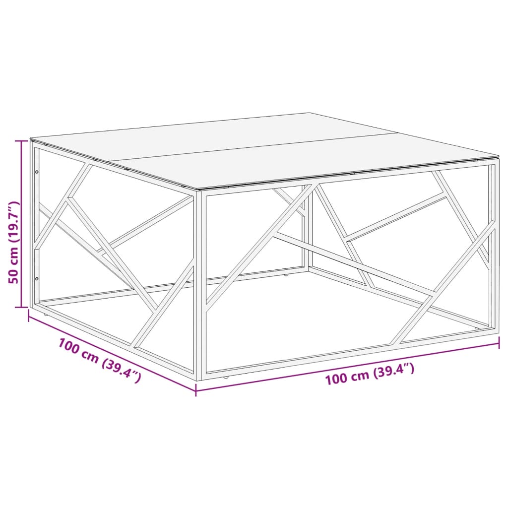 Mesa de centro aço inoxidável e vidro temperado prateado