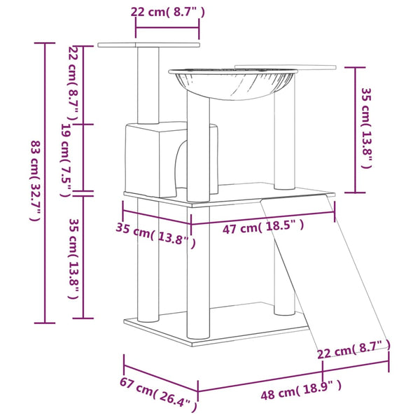 Árvore p/ gatos c/ postes arranhadores sisal 83 cm cinza-claro