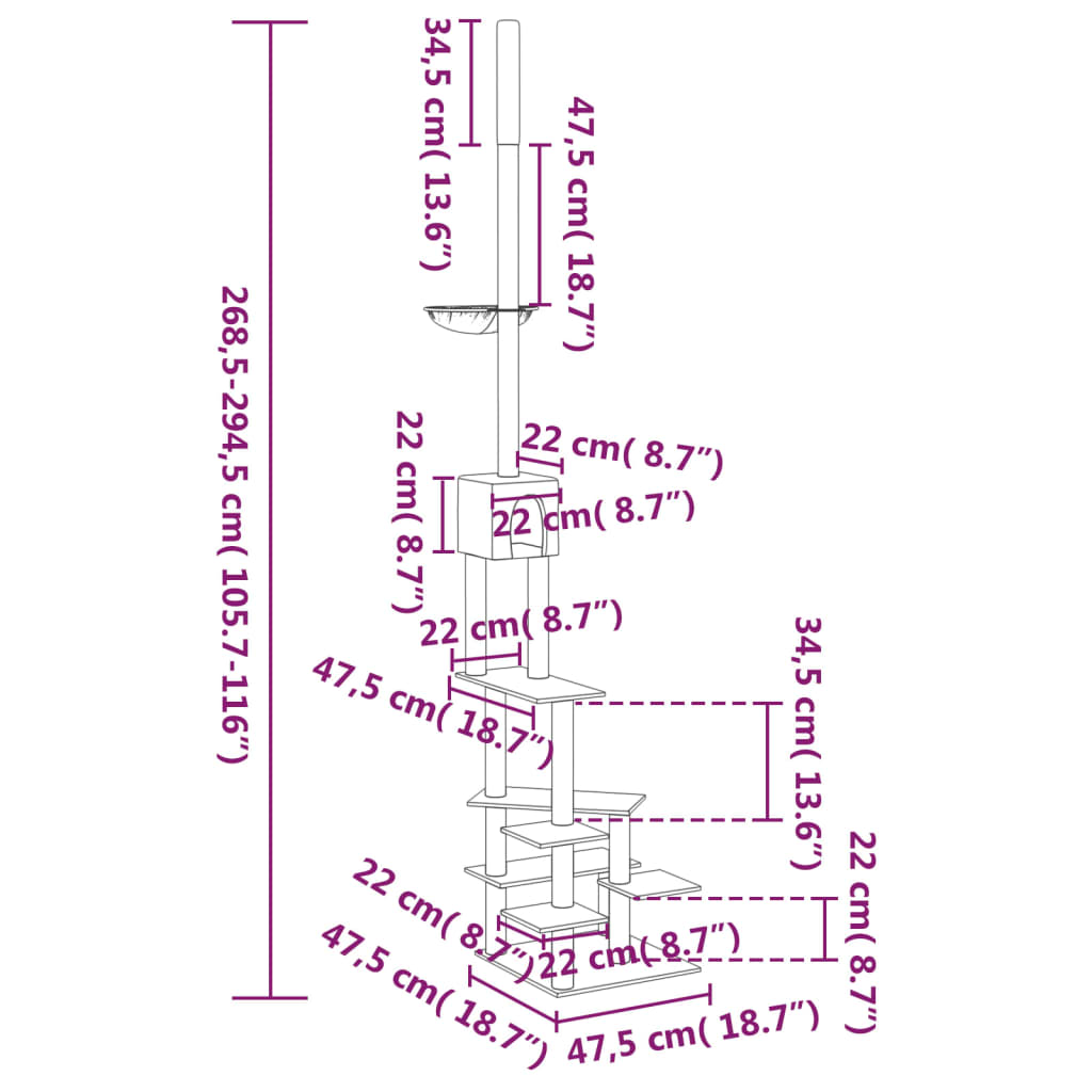 Árvore p/ gatos altura ajustável chão-teto 268,5-294,5 cm creme