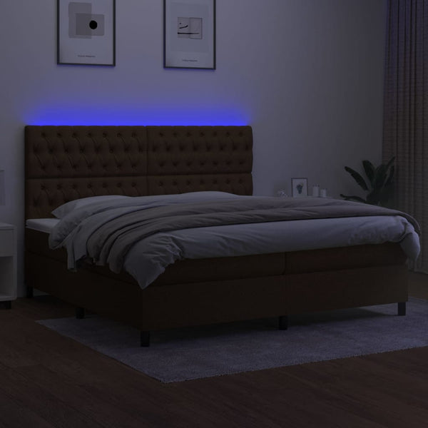 Cama box spring c/ colchão/LED 200x200cm tecido castanho-escuro