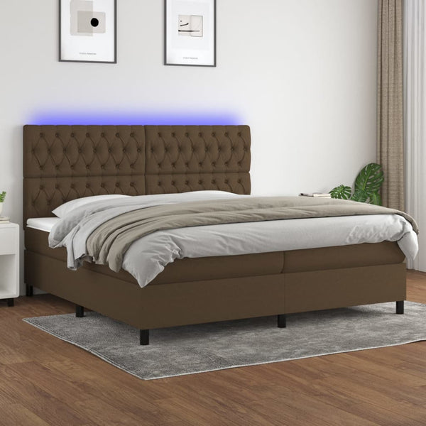 Cama box spring c/ colchão/LED 200x200cm tecido castanho-escuro