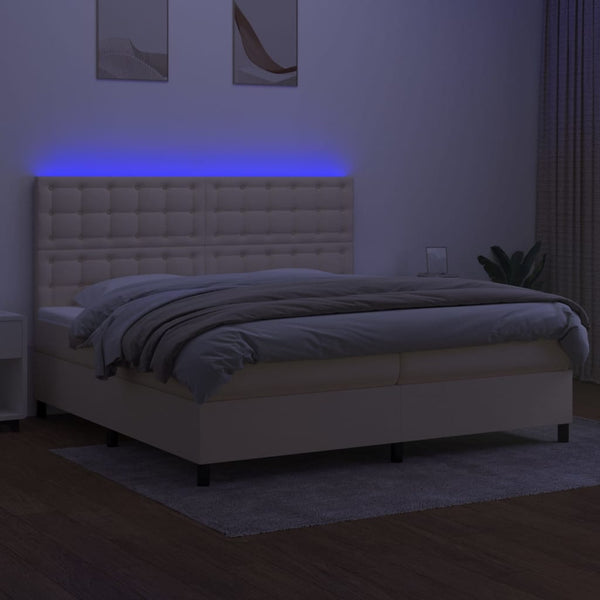 Cama box spring c/ colchão e LED 200x200 cm tecido cor creme
