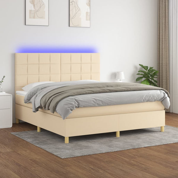 Cama box spring c/ colchão e LED 180x200 cm tecido cor creme