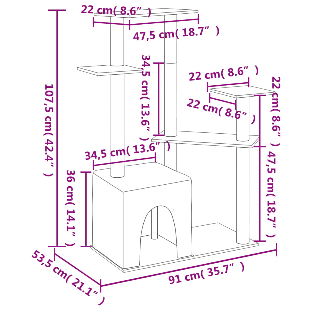 Árvore gatos c/ postes arranhadores sisal 107,5 cm cinza-escuro