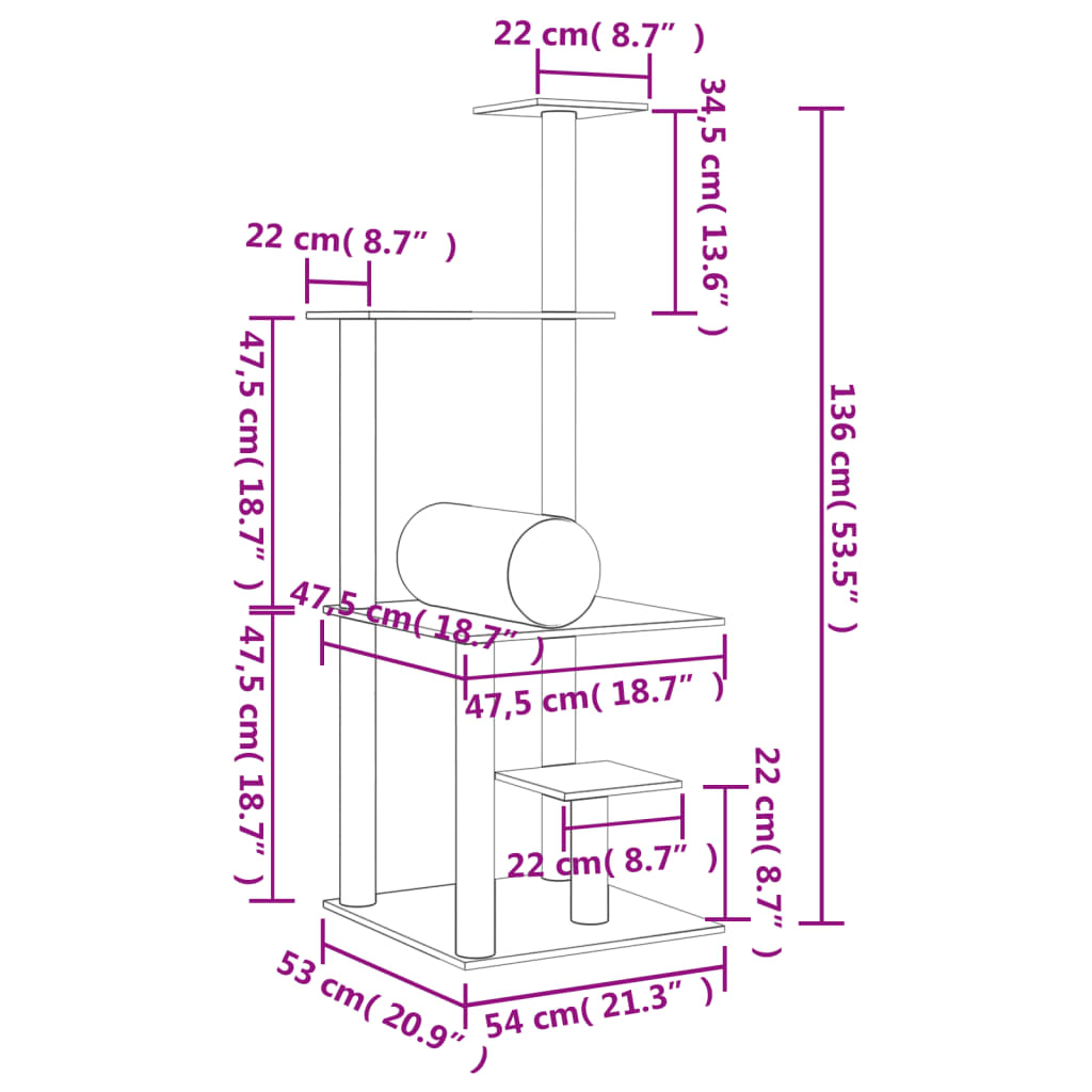 Árvore p/ gatos c/ postes arranhadores sisal 136cm cinza-escuro