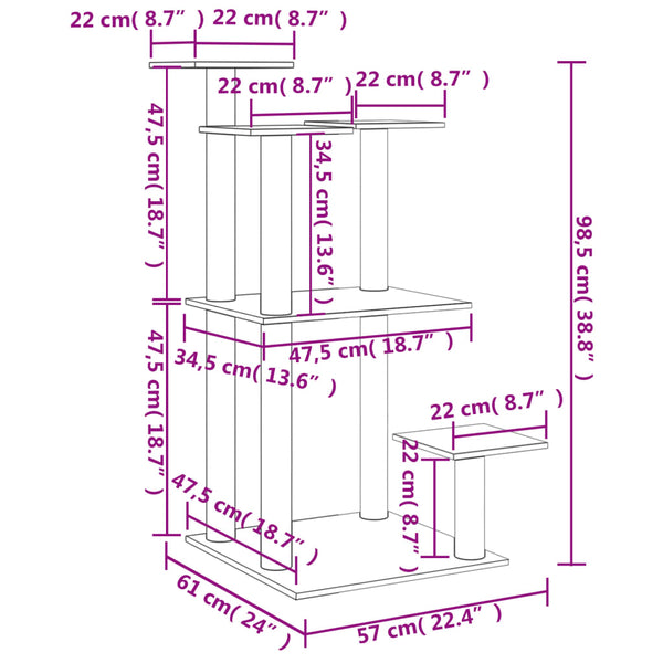 Postes arranhadores p/ gatos c/ plataformas 98,5cm cinza-escuro