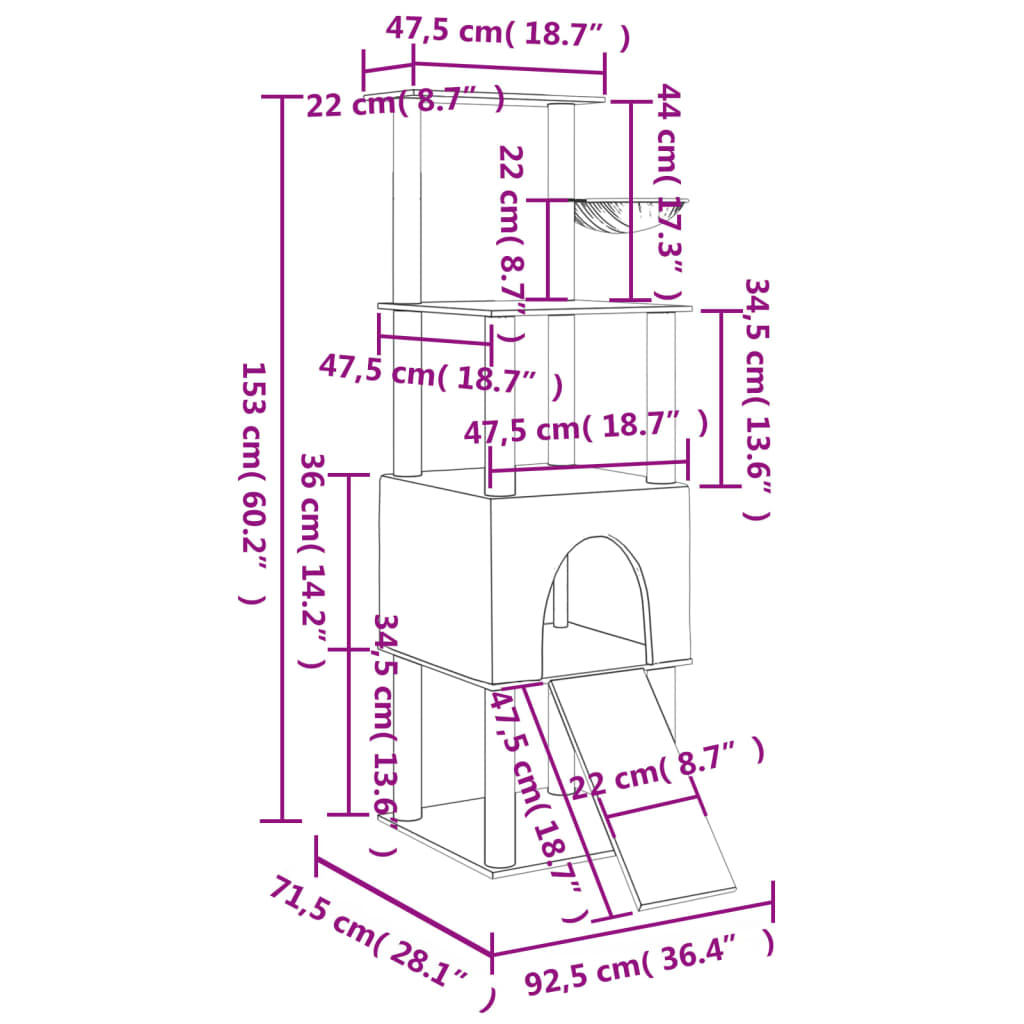 Árvore p/ gatos c/ postes arranhadores sisal 153 cm cinza-claro