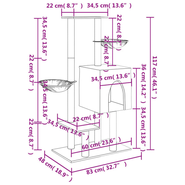 Árvore p/ gatos c/ postes arranhadores sisal 117cm cinza-escuro