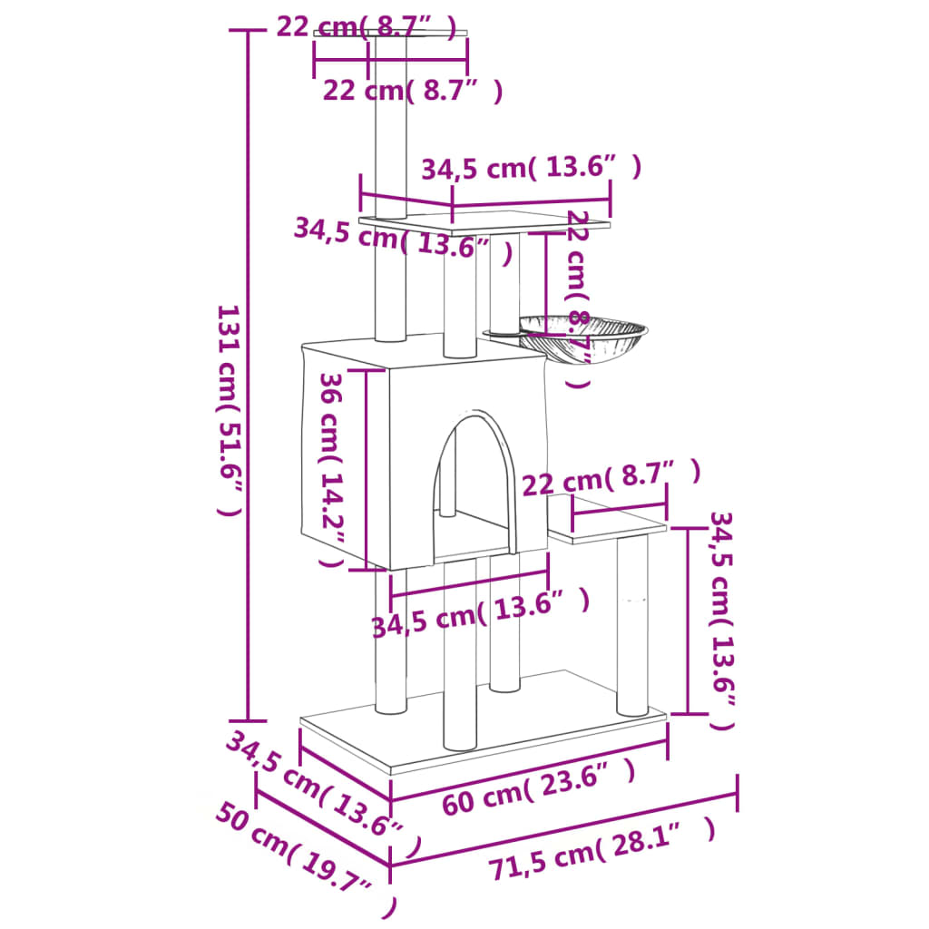 Árvore p/ gatos c/ postes arranhadores sisal 131 cm cinza-claro