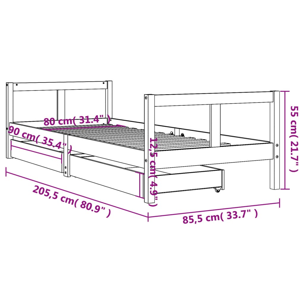 Children's bed frame with drawers 80x200 cm solid pine