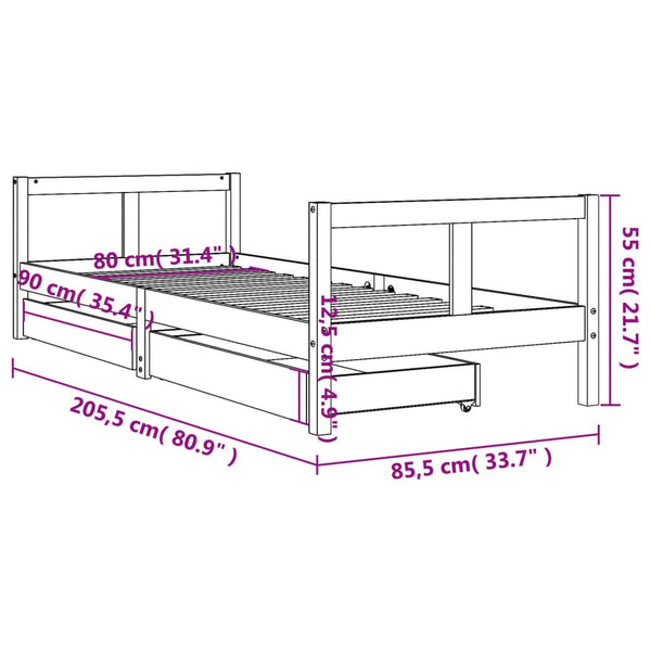 Estrutura cama infantil c/ gavetas 80x200cm pinho maciço preto