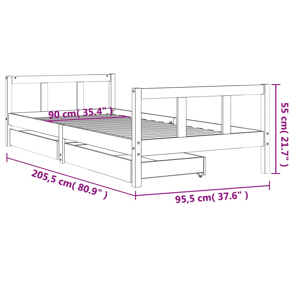 Children's bed frame with drawers 90x200 cm solid pine