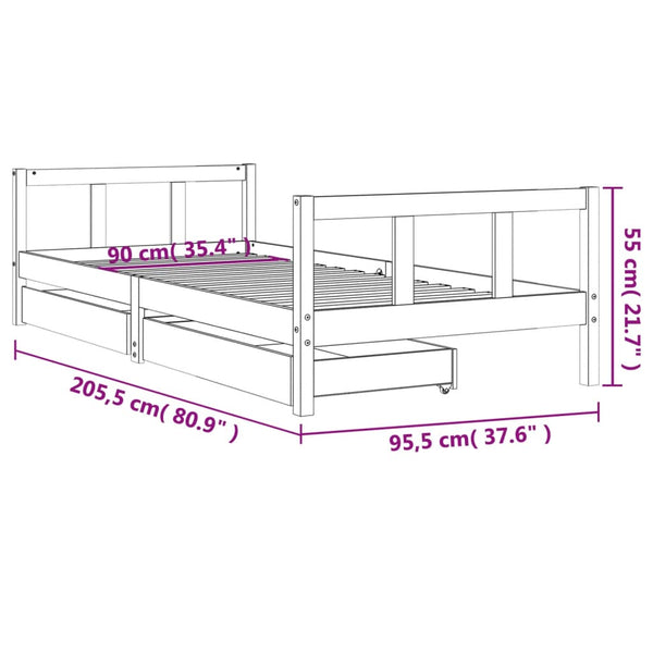 Estrutura cama infantil c/ gavetas 90x200 cm pinho maciço preto