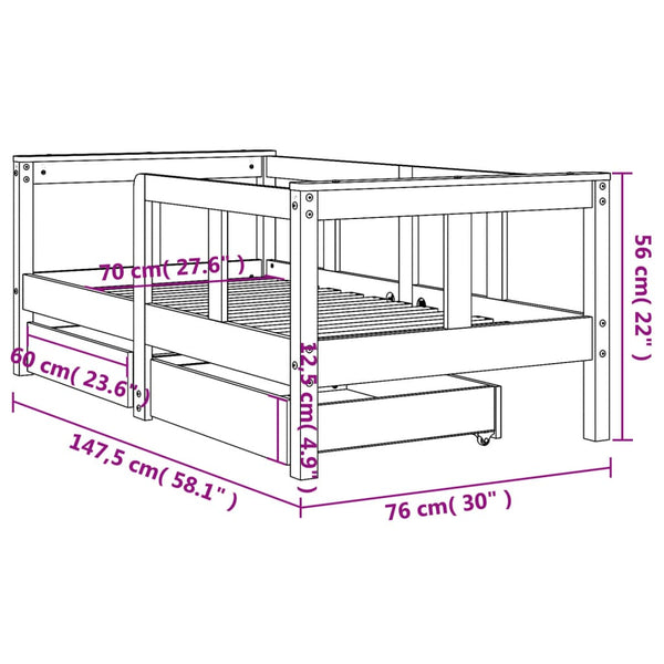 Estrutura cama infantil c/ gavetas 70x140cm pinho maciço branco