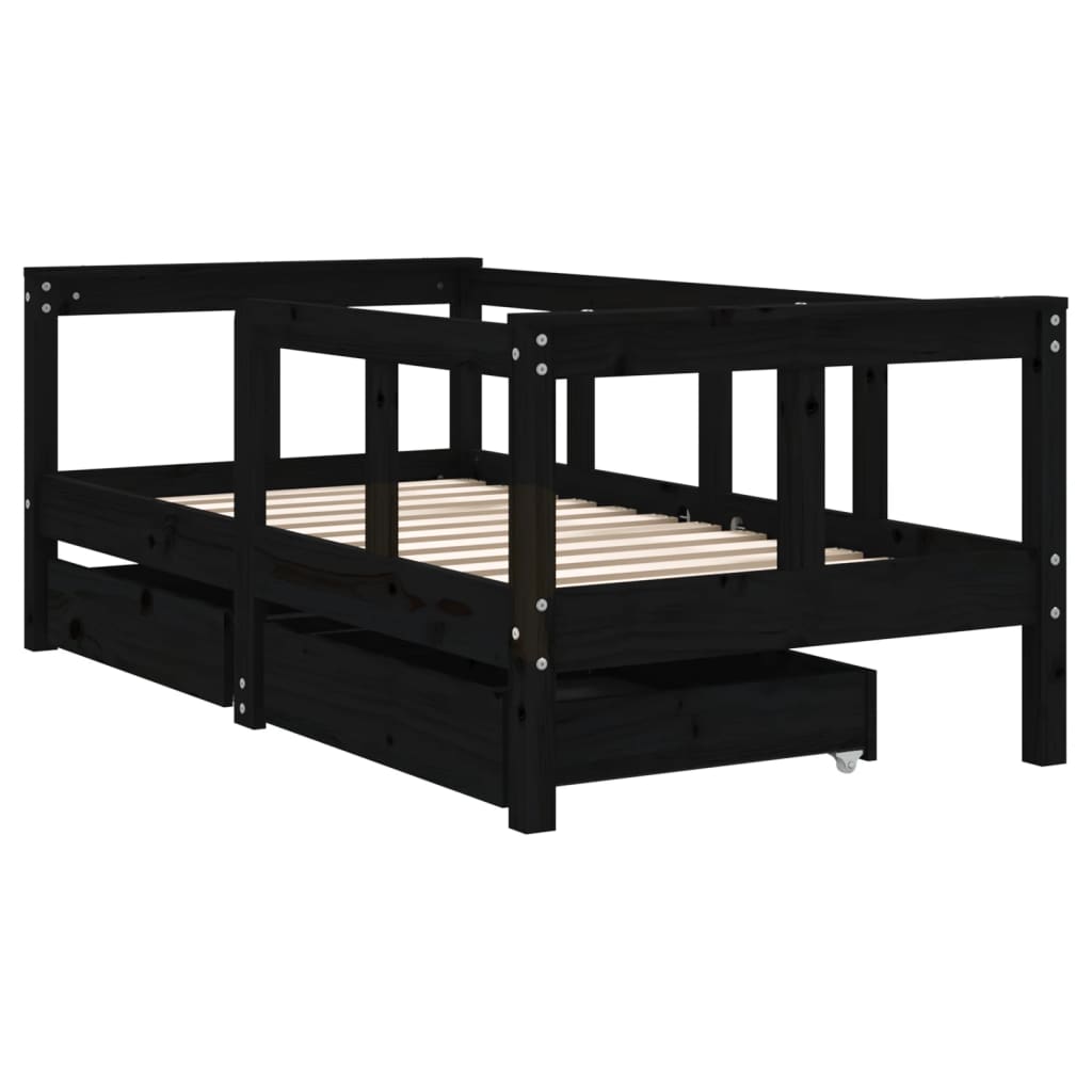 Children's bed frame with drawers 70x140 cm black solid pine