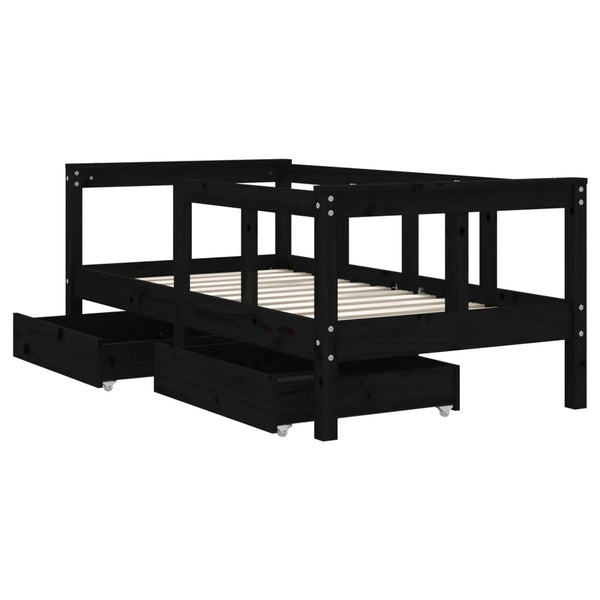 Children's bed frame with drawers 70x140 cm black solid pine