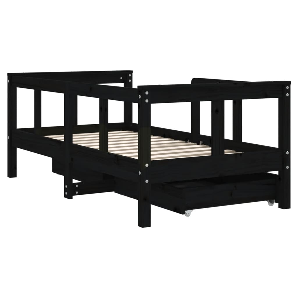 Children's bed frame with drawers 70x140 cm black solid pine