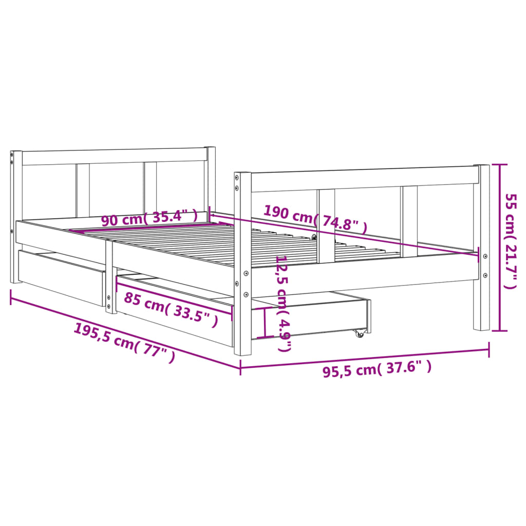 Estrutura de cama infantil c/ gavetas 90x190 cm pinho maciço