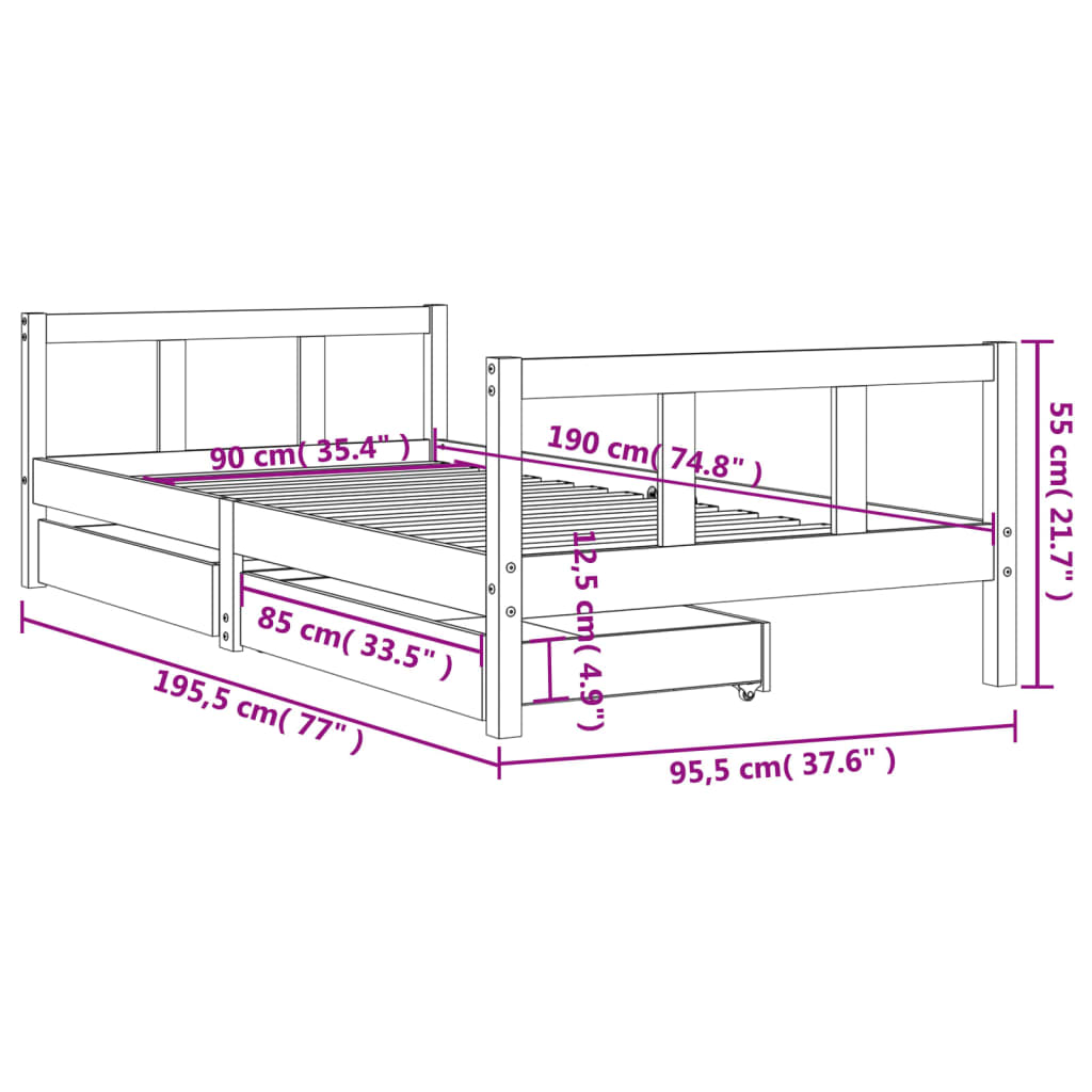 Estructura de cama infantil con cajones 90x190cm pino macizo blanco