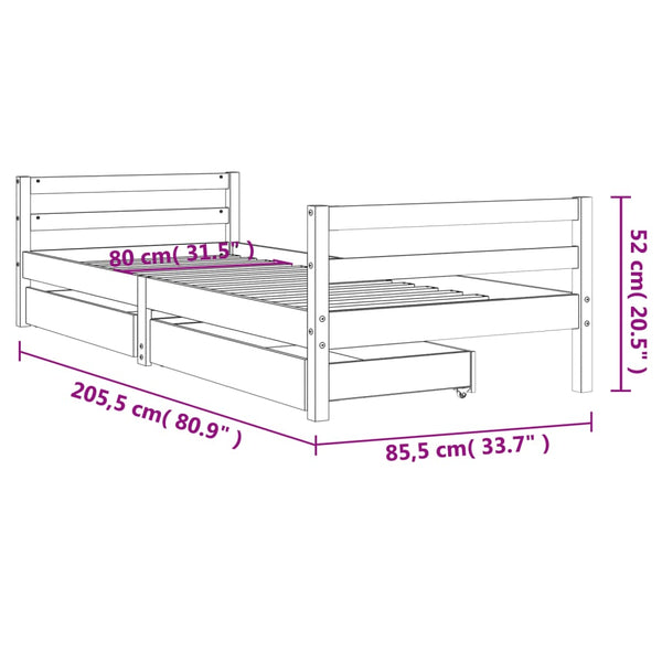 Children's bed frame with drawers 80x200 cm solid pine