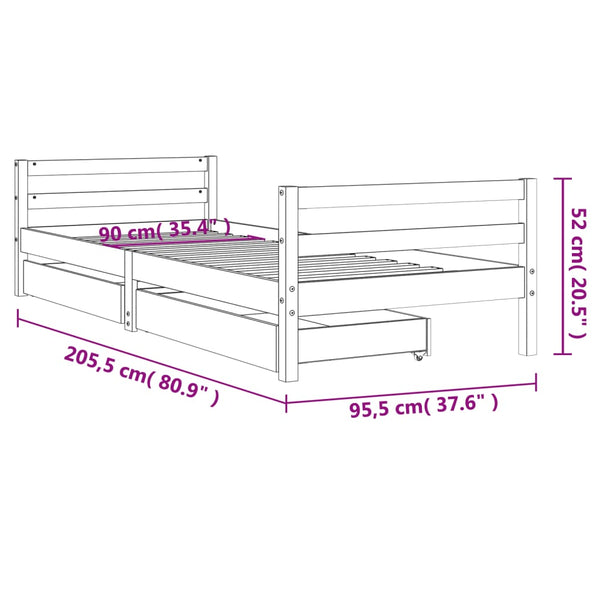 Children's bed frame with drawers 90x200 cm black solid pine