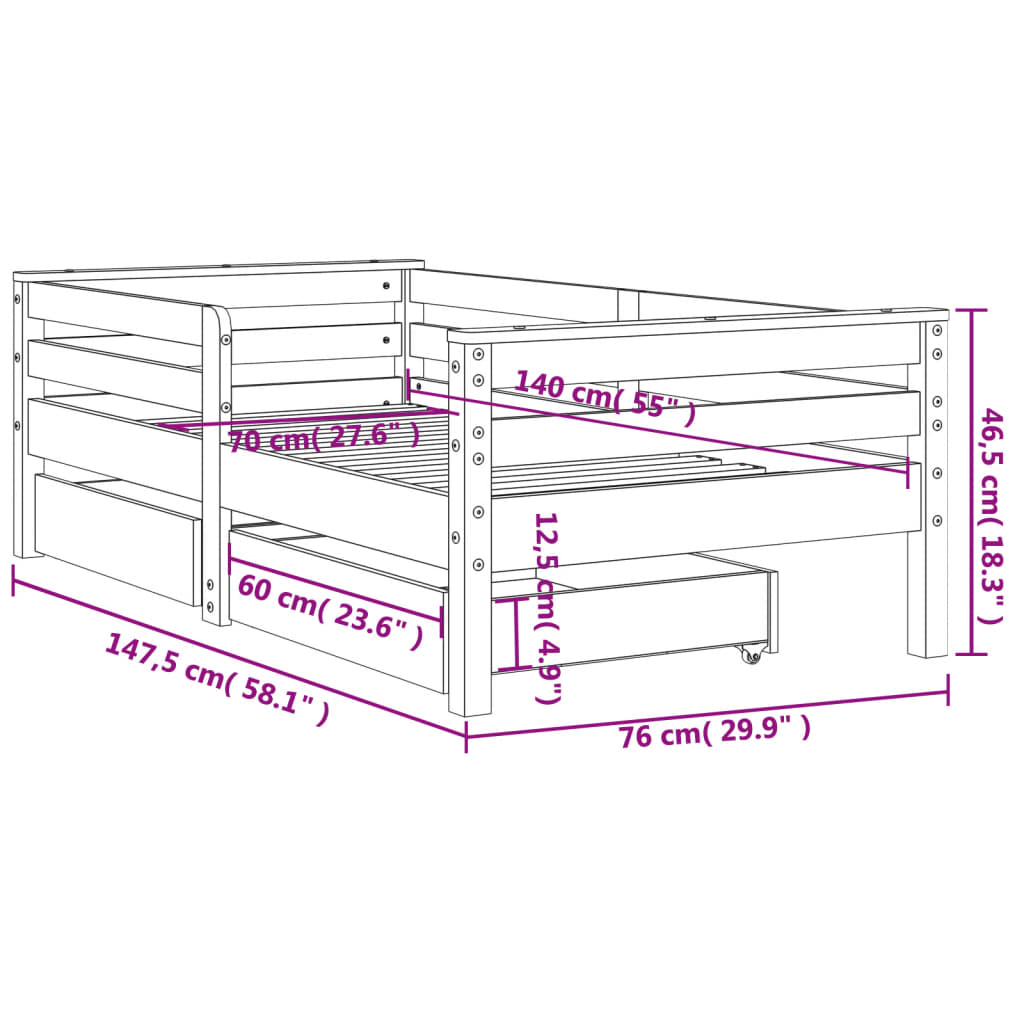 Estructura de cama infantil con cajones 70x140 cm pino macizo blanco